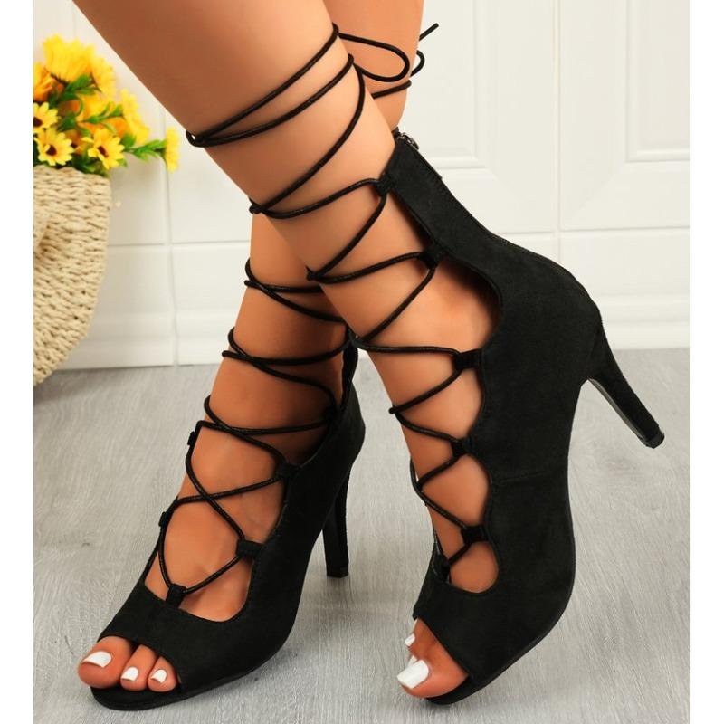 

Модные черные сексуальные женские туфли на шнуровке, перекрестной завязке, удобные, высококачественные, на тонком каблуке, с открытым носком, танцевальные сандалии, ремешок на щиколотке, туфли с вырезами 43 чёрный