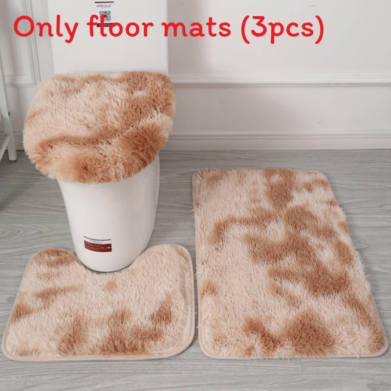 Non Dye Tie Slip Mat Fluffy Plush Bathroom Toilet Seat Cover Carpet 3 Piece Set