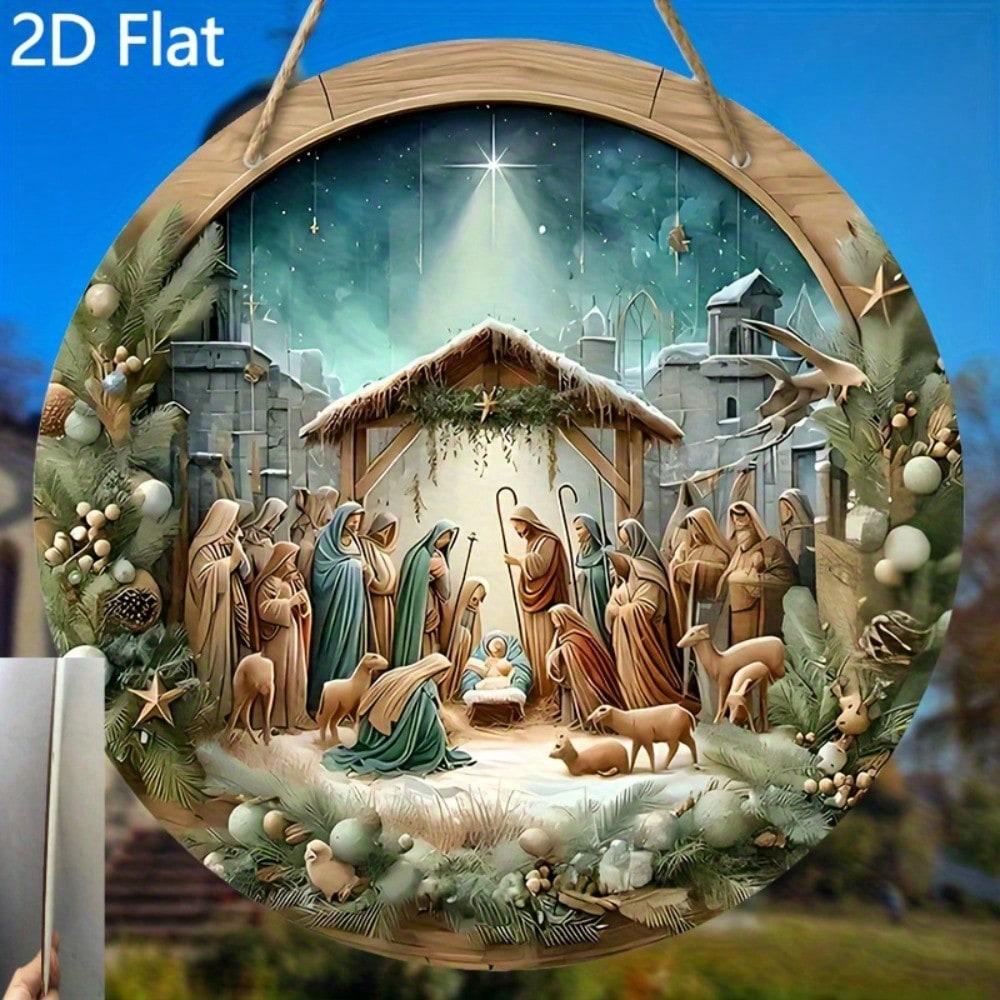 

Vintage Christmas Tin Sign Jesus Birth Wall Art Metal Round Wreath Decor Home Church Gift Christian Holiday разноцветный