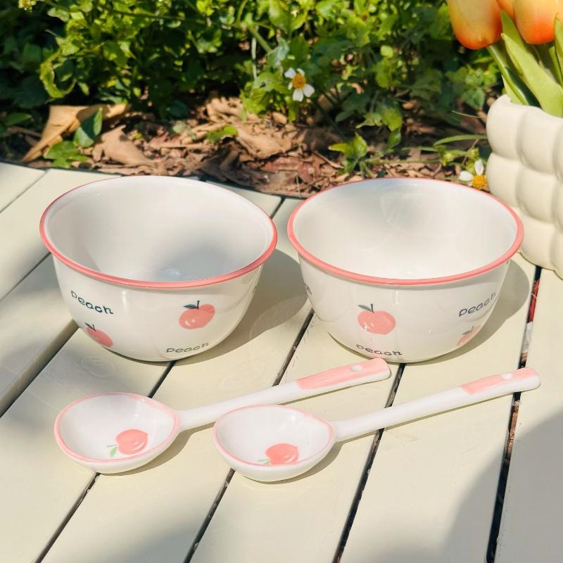 2 Set Cartoon Peach Ceramic Bowl Kawaii Ceramic Anti-scald Soup Bowl Home Kitchen Noodle Ramen Tableware Bowl