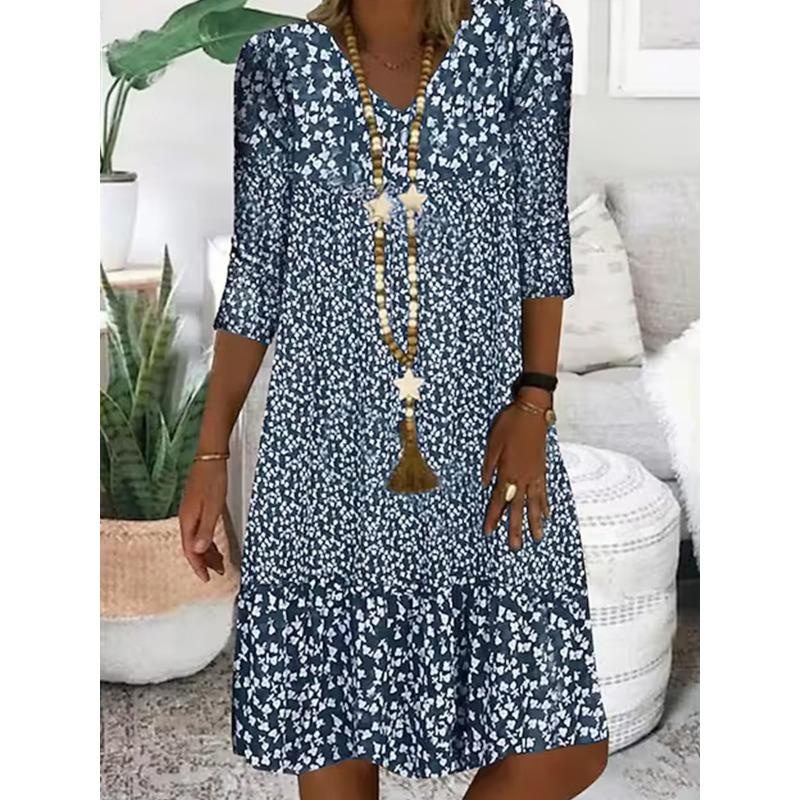 Women's Summer Printed Mid Sleeve V-Neck Midi Dresses