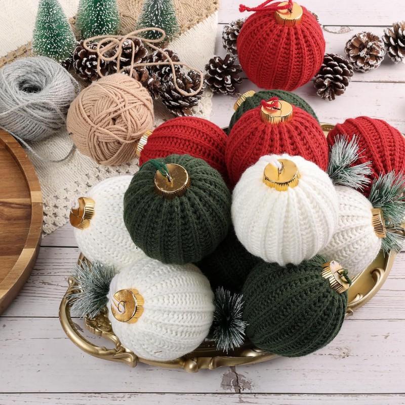 Handmade Knitted Christmas Ornament Balls Set Red Green White Tree Decor Holiday Home Festive Decoration