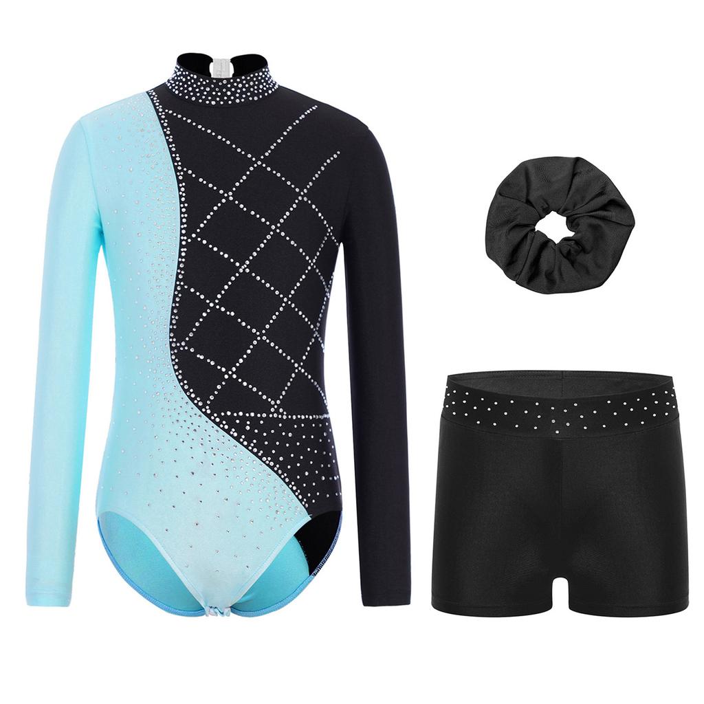 Girls Gymnastics Leotard Mock Neck Mesh Sleeve Rhinestone Color Block Dance Shorts Headband Set
