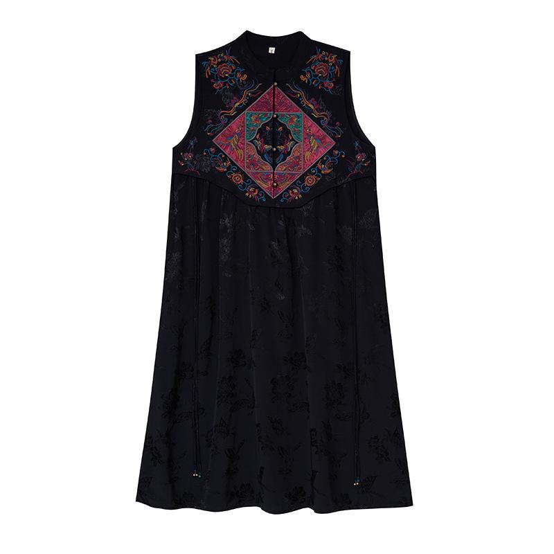 2025 Women's Ethnic Satin Jacquard Embroidered Vest Dress with Stand Collar