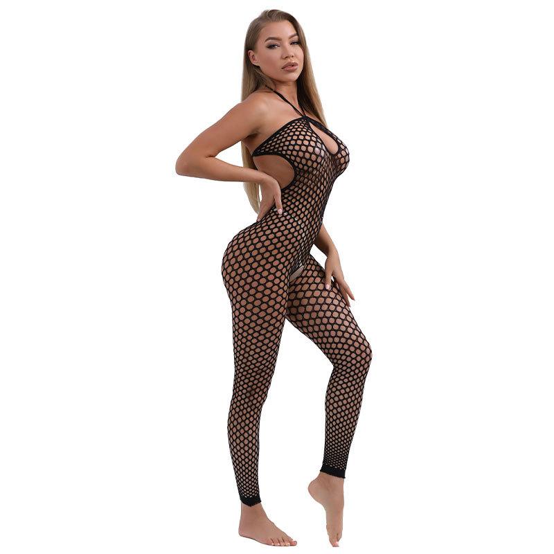 Explosive sexy temptation hollowed-out perspective net hole hole open one-piece net uniform open-toed neck