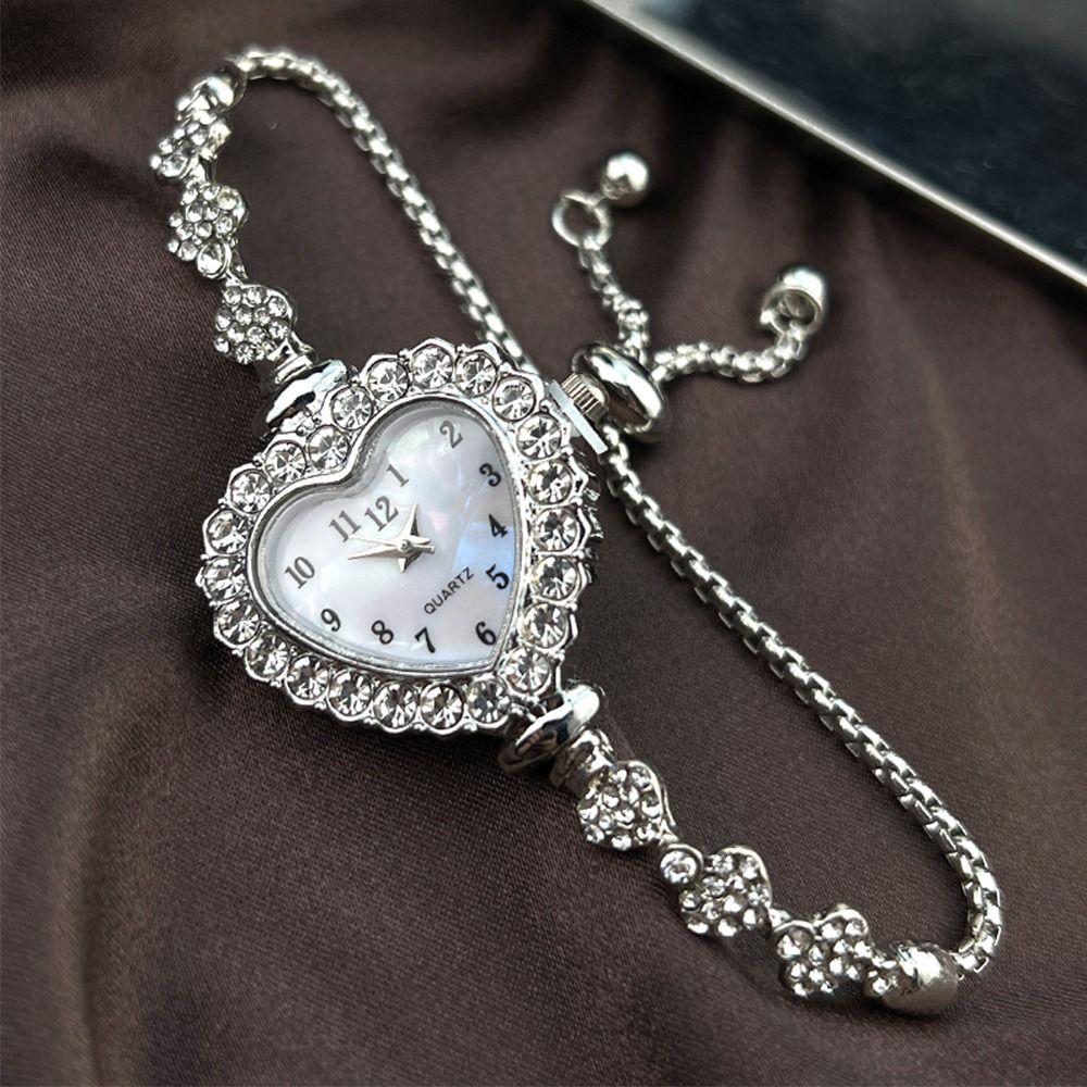 Diamond Studded Watch Strap Heart Shaped Watch Stainless Steel Wrist Decoration  Girl