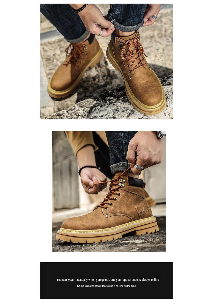 Men's Winter High-Top Genuine Leather Retro Martin Boots with Velvet Lining, British Style, Yellow