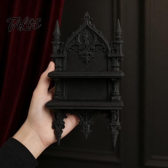 Gothic Wall Decor 3D Printed Double Tier Mount Shelf, Floating Unique Dark Home Soft Furnishing Style Vintage Display Rack for Decoration Organizer