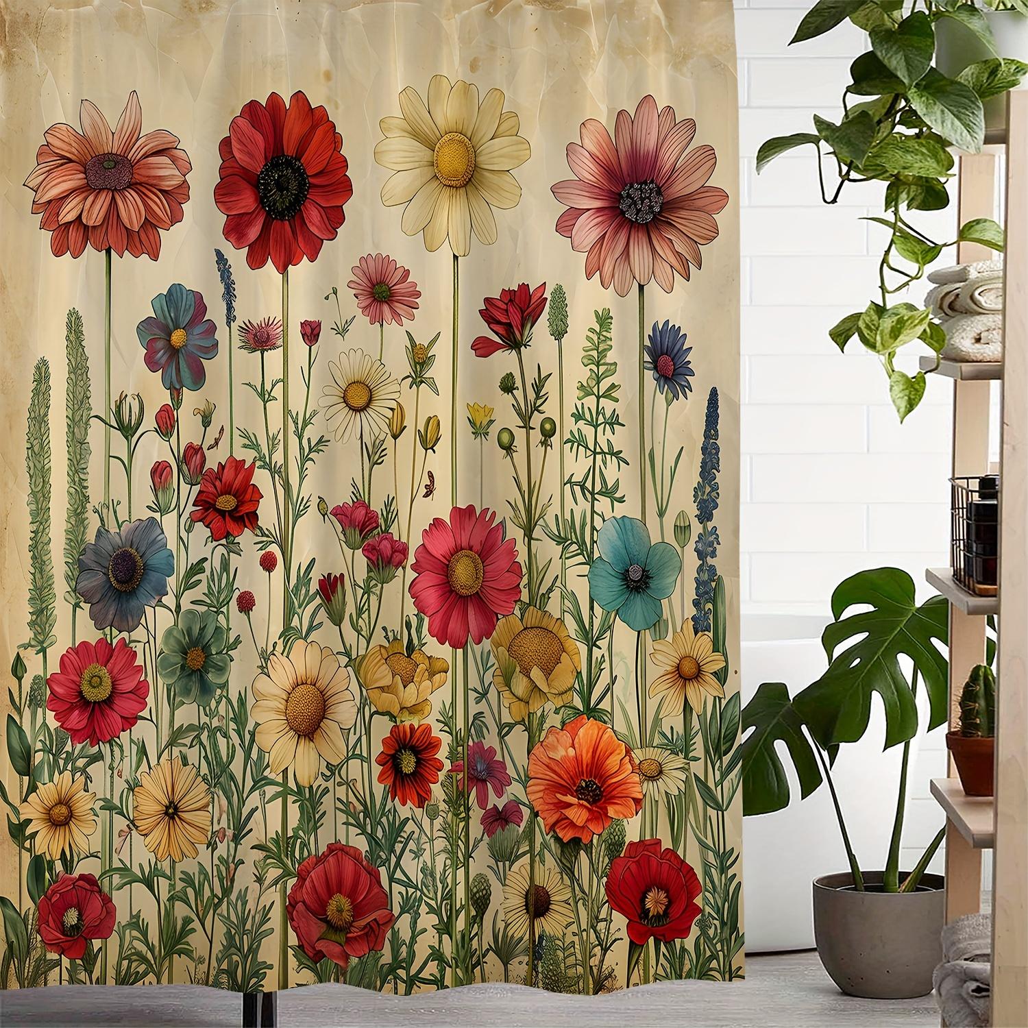 1pc Vintage Green Plant Floral Printed Shower Curtain And Window Curtain with 12 Hooks W90XH180cm