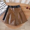 Damen Herbst Doppelte Knöpfe PU-Leder Shorts Locker Schlankmachend A-Linie Weites Bein Hoher Bund Außenbekleidung Lässige Hosen Mini Shorts