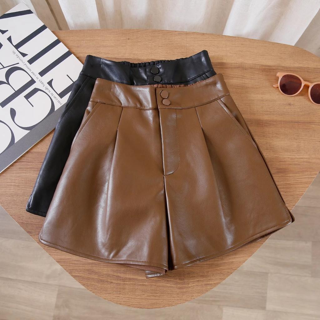 Damen Herbst Doppelte Knöpfe PU-Leder Shorts Locker Schlankmachend A-Linie Weites Bein Hoher Bund Außenbekleidung Lässige Hosen Mini Shorts
