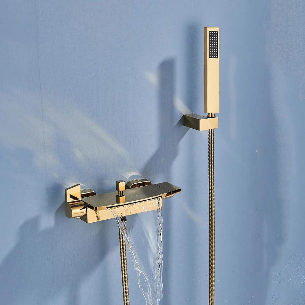 Bathroom Tub Faucet Single Handle Waterfall Spout Mixer Tap with Hand Shower Wall Mounted Bath Faucet Bathtub Faucet Water Mixer