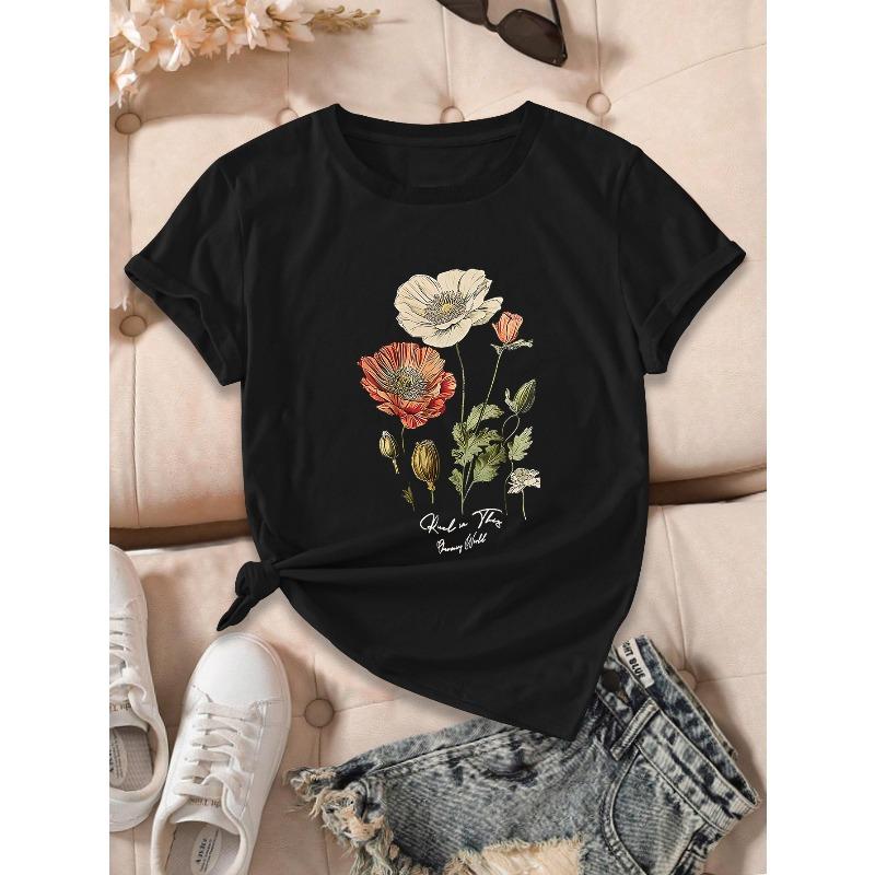 European sizes Floral Print T-Shirt - Soft Breathable Round Neck Short Sleeve Casual Top for Spring Summer, Machine Washable Everyday Comfort