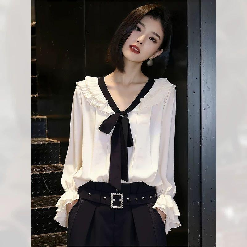 

Women s Bow Tie Tied Shirt French Version V-neck Ruffled Loose Pleated Ladies Long Sleeved Blouse Spring Fashion Comfortable Famale Pullover Top S