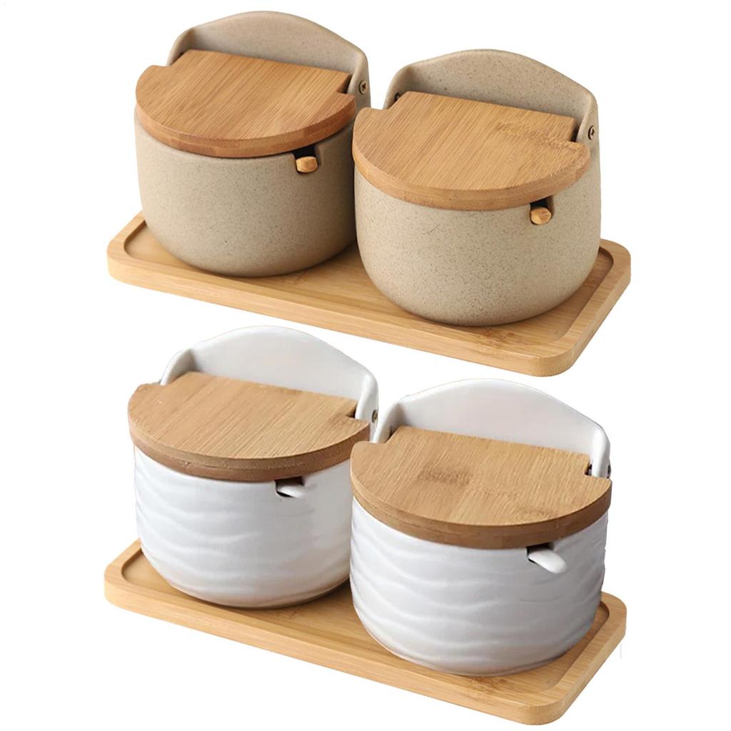 Salt Cellar With Lid Ceramic 2x Salt Holder With Wooden Spoon and Lid Seasoning Box Kitchen Seasoning Storage Jar Salt Holder
