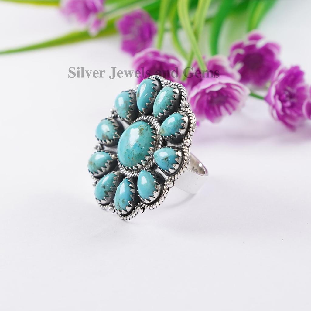 Handmade Kingman Turquoise Cluster Ring: Sterling Silver Multi Stone Ring