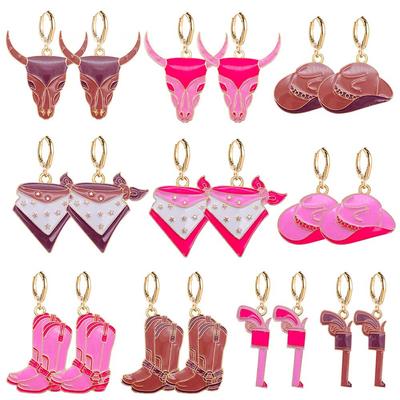 1 Pair of Retro Cow Head Earrings Pink Hat Cowboy Boots Alloy Oil Drop Pendant Earrings Jewelry