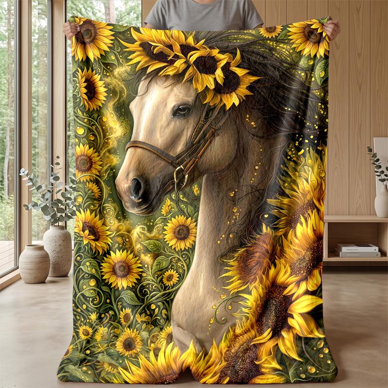 Horse Amidst Floral Splendor Theme Blanket Lightweight Warm Flannel Blanket Decorative Throw Blanket for Home Decoration