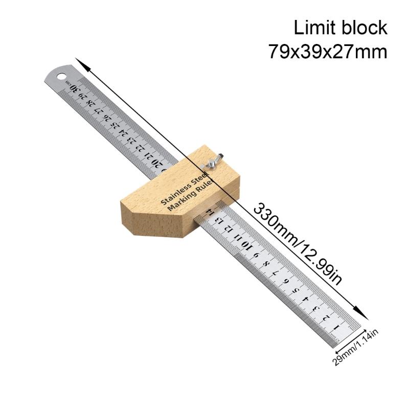 Multiple Use Double Unit Carpentry Ruler Stainless Steel Edges and Adjustable Beechwood Guide Block for Precisions Woodworking