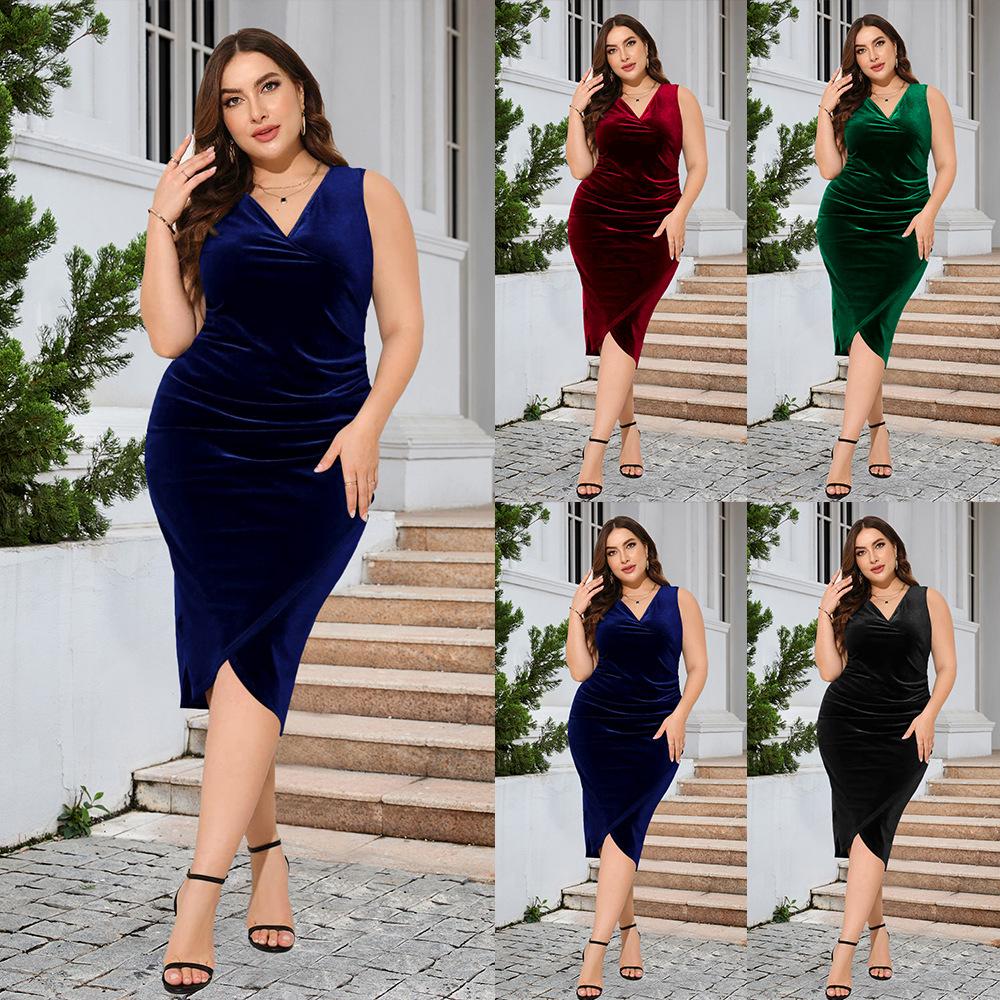 

2024 Новое бархатное облегающее платье без рукавов больших размеров, сексуальные винтажные платья с V-образным вырезом, вечерние женские летние узкие складки, элегантные роскошные вечерние платья
