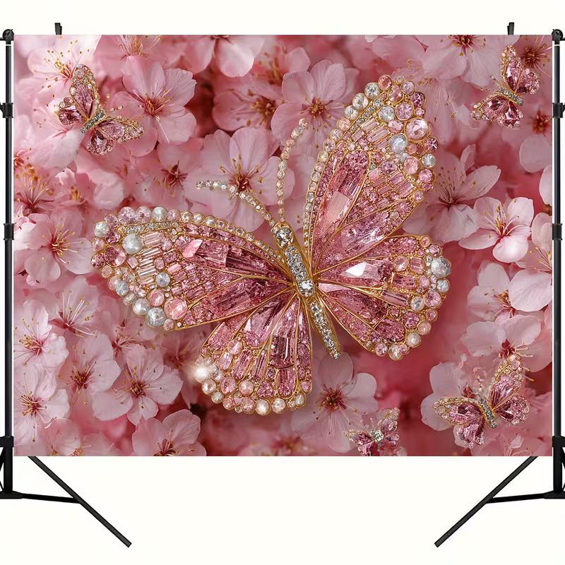 2D Pink Gem Butterfly Backdrop Cherry Blossom Floral Photography Background
