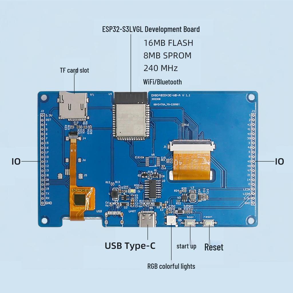 ESP32-S3 4.3" Capacitive Touchscreen Module: Smart LVGL Display Board with WiFi, Bluetooth, and RTOS Support