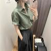 Green Cotton and Linen Front Shoulder Short-sleeved Shirt Women's Summer Thin Feel Super Good-looking Linen Shirt Polo Collar Top