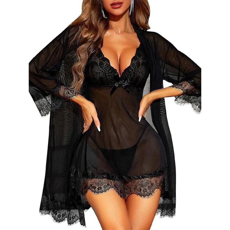 Dámský set šatů Sexy krajka Průhledný Erotické domácí oblečení Pyžamový set Šaty a župan