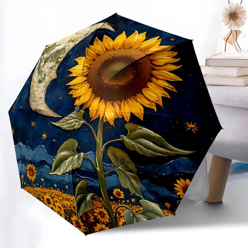 1pc Moon Sunflower Automatic Open/close Umbrella, 8-Rib Sturdy Structure, Auto Folding/Opening, Portable Travel Umbrella for Women,220