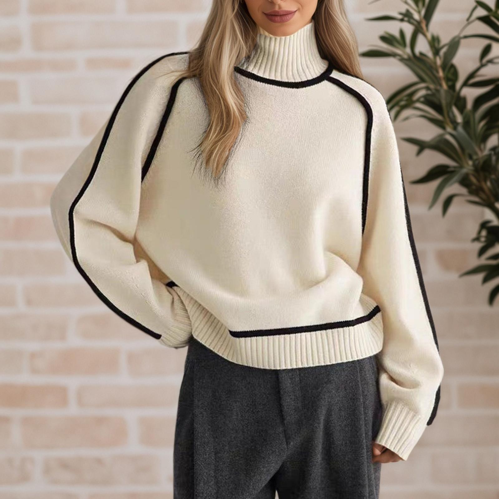 

Women s Casual Round Neck Colorblock Pullover Sweater Loose Casual Long Sleeve Contrast Color Top L бежевий