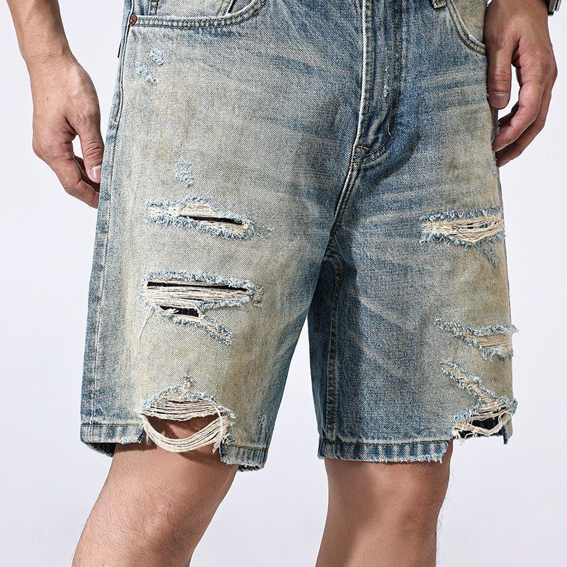 New Retro Ripped Denim Shorts Men's Summer Thin Five-point Pants Casual Mid-sized Pants