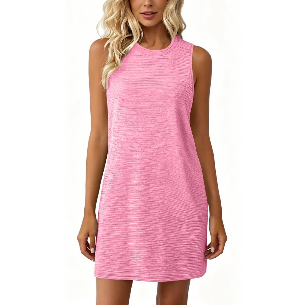 Sleeveless Casual Dress Women Summer Round Neck Solid Color Side Pocket Relaxed Fit Mini Dress