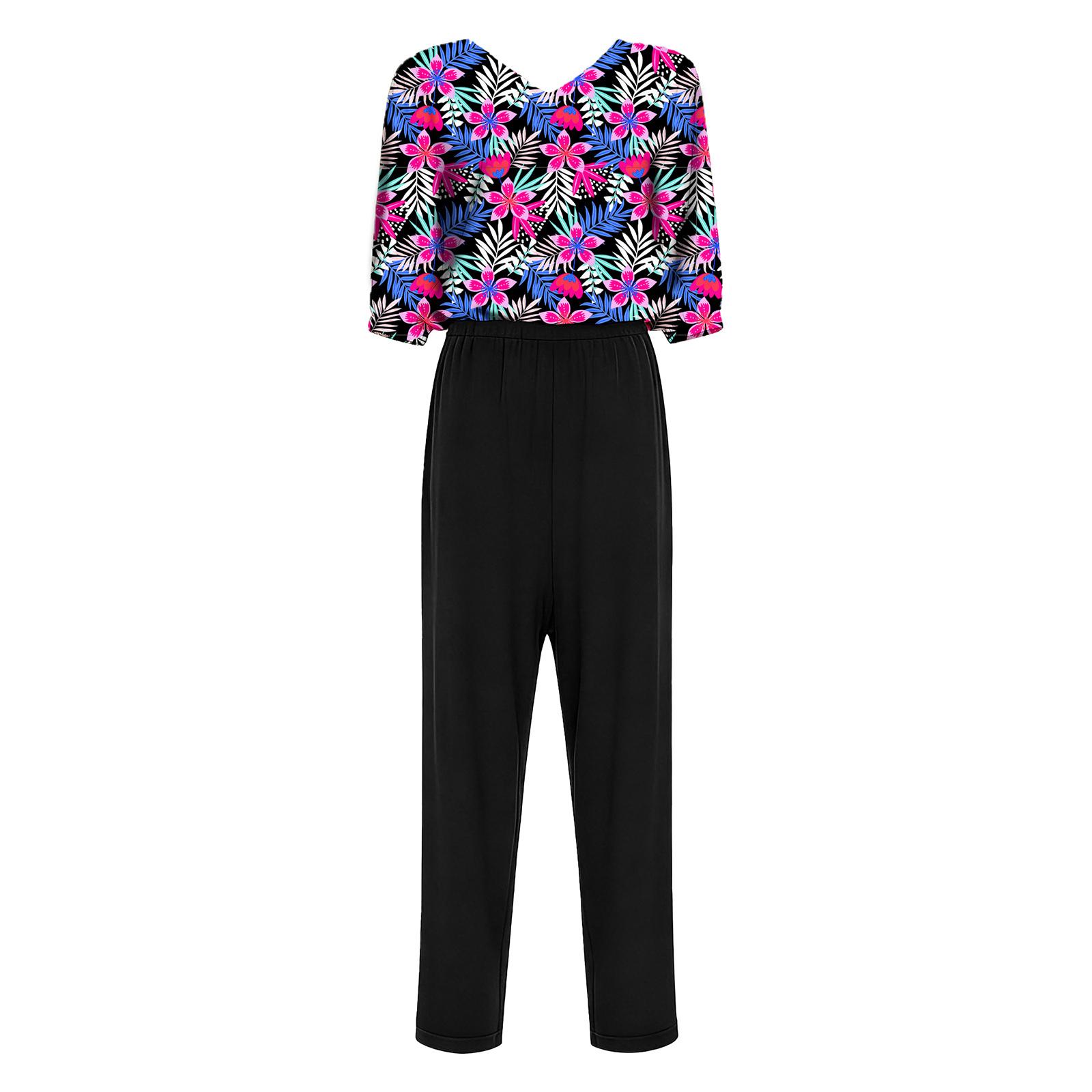 

Womens Alzheimer Elderly Anti Strip Adaptive Printed Jumpsuit V Neck 3/4 Sleeve Wide Leg Pants Back Zipper Nursing Rompers S