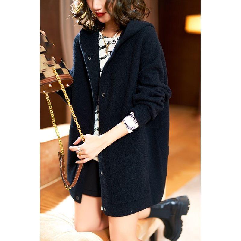 

Женское двустороннее шерстяное пальто с капюшоном, средней длины, осенне-зимнее, модное, повседневное, свободного кроя, высочайшего качества, в корейском стиле, весенне-летнее S чёрный