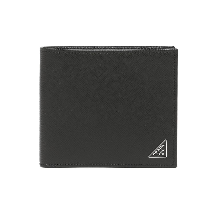 Prada Saffiano Driehoek Logo Korte Gevouwen Lederen Portemonnee Unisex Portemonnees Zwart 2MO738-QHH-F0002 Basic Set (Bag)