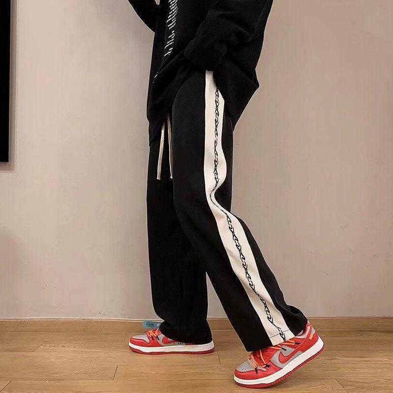 

Уличные повседневные брюки спортивного кроя прямого цилиндрического силуэта с цветными блоками для мужчин, классические корейские свободные брюки с принтом на все случаи жизни, мужские брюки 2023 XXL чёрный