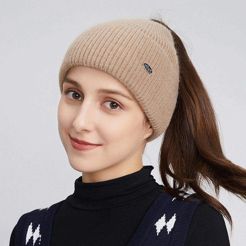 A Women's Knitted Hat with Exposed Braids, Autumn and Winter Thick Ear Protection Hat, Women's High Ponytail Braid