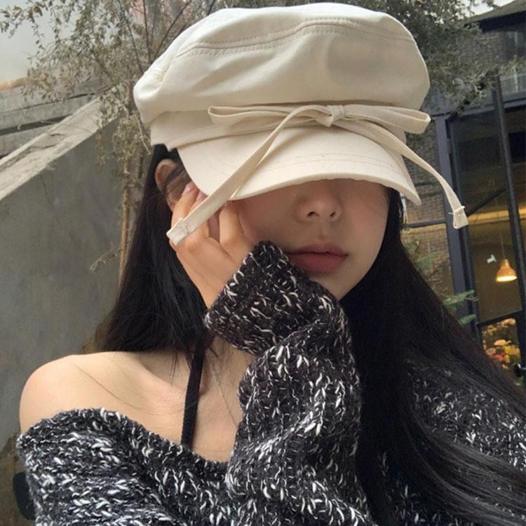 Stylish Beige Duckbill Cap With Unique Bowknot Design Perfect For Weather Warm