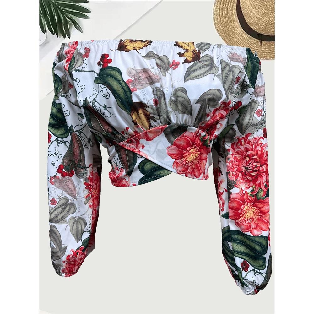 Women's long sleeves off-shoulder one-length neck lantern sleeve printed shirt