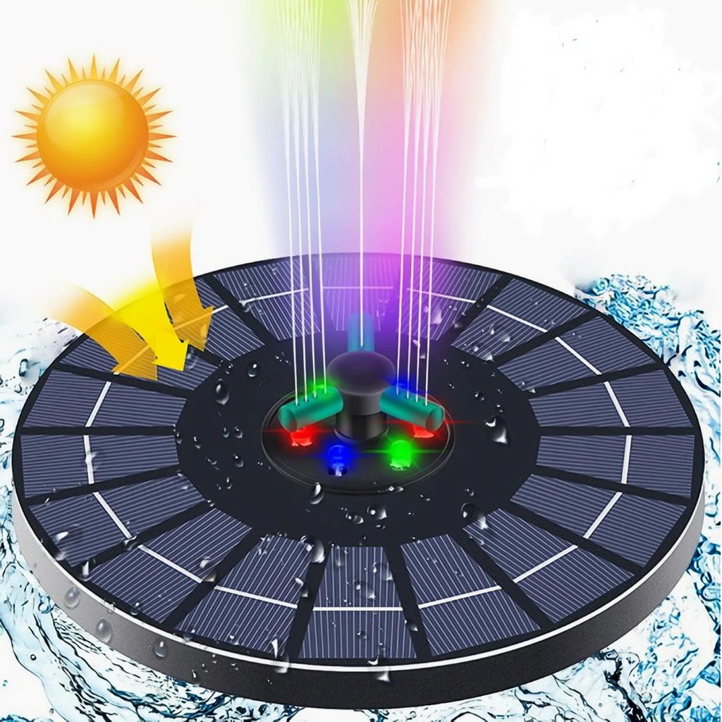 Solar Fountain with RGB Color Light, 4W 9V High Efficiency Glass Solar Panel, Floating Fountain Pump with 7 Sprayer