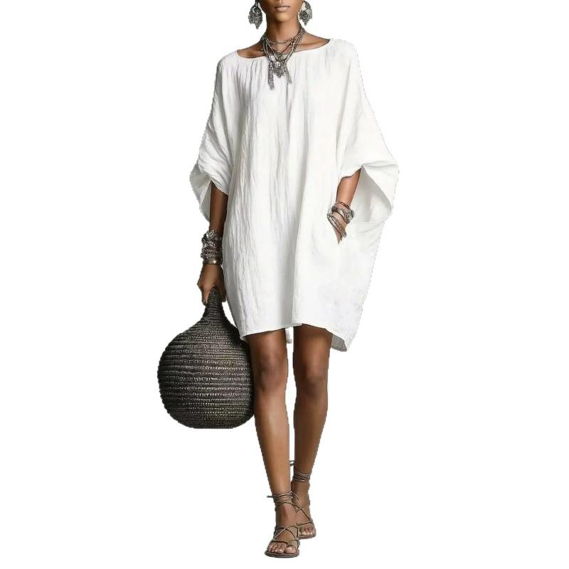 Women Terracotta Round Neck Batwing Sleeve Loose Linen Blend Mini Dress With Pockets XS белый