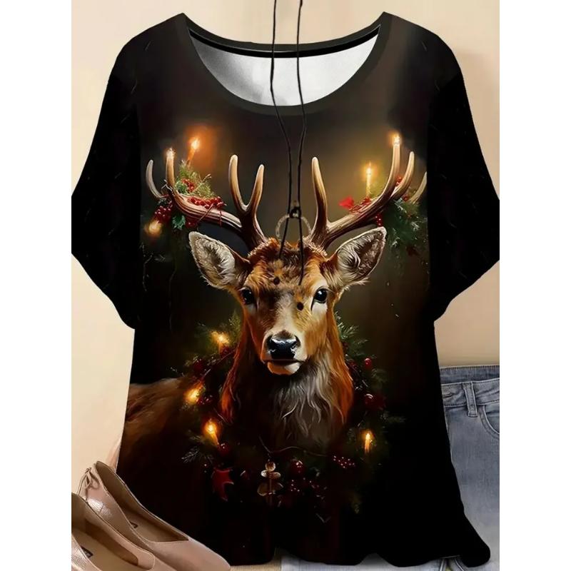 Moda para Mujer Cuello Redondo Manga Corta 3D Casual Estampado a Color Camiseta Casual de Manga Corta con Cuello Redondo