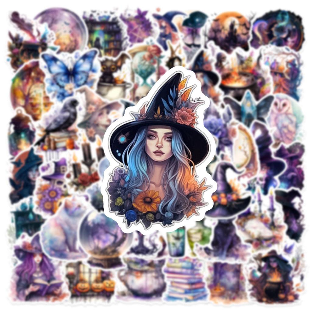 50 Gothic Halloween Witch Stickers - Retro Waterproof Decoration for Suitcases & Phone Cases