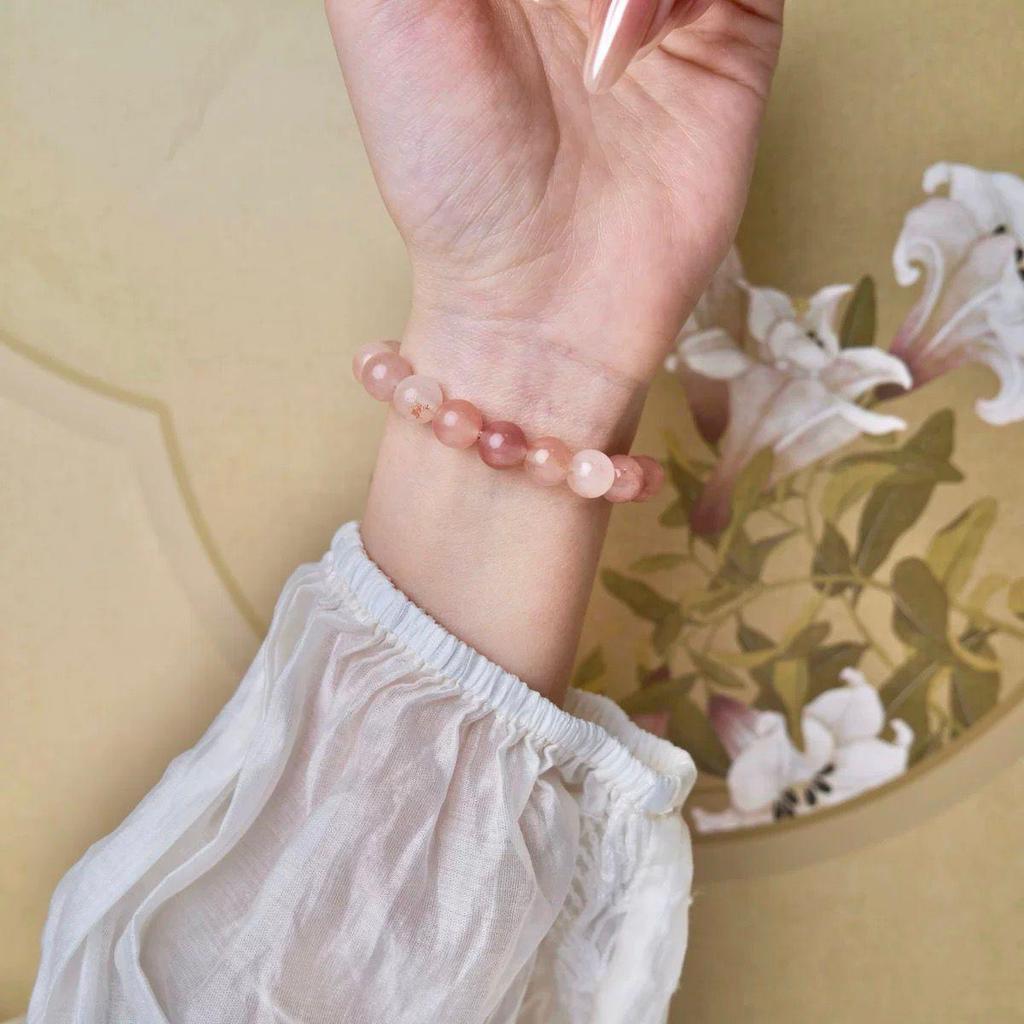 Golden Silk Jade Peach Blossom Bracelet - Simple Style Cherry Blossom Pink Beaded Accessory for Live Broadcast