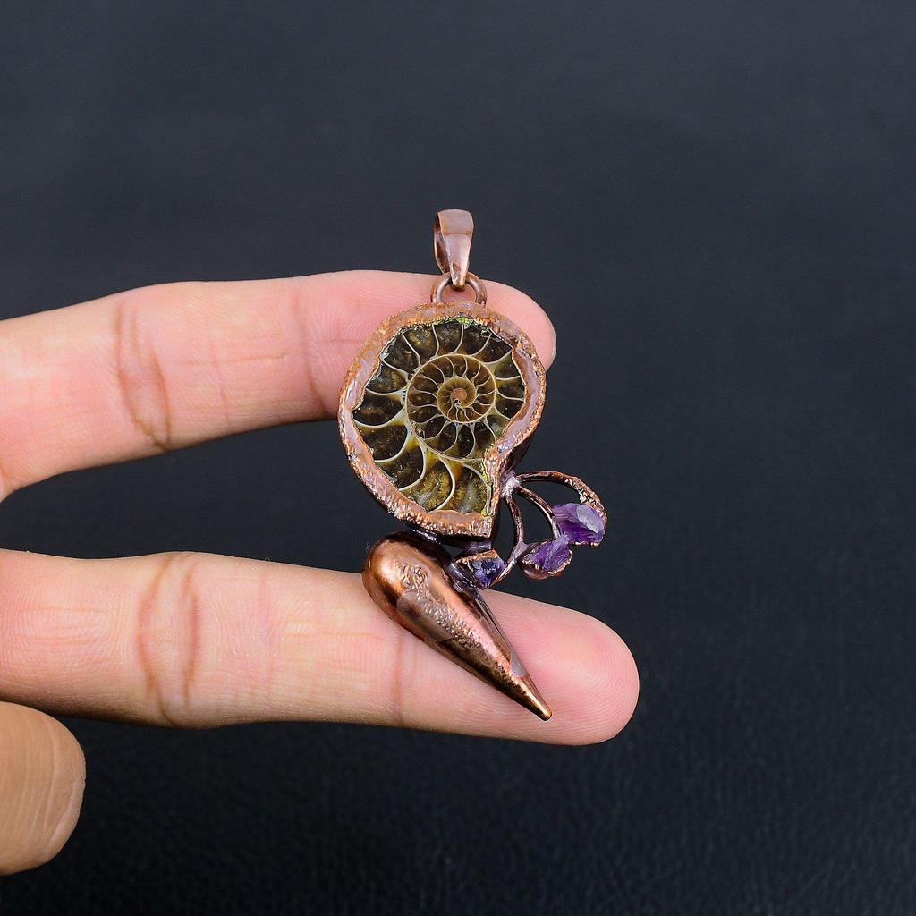 Ammonite Fossil Pendant, Gemstone Copper Electroformed Jewelry Pendant, Handmade Jewelry Beautiful Pendant