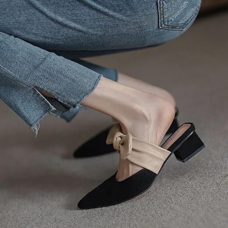 New Pointed Female Butterfly-Knot Women 2024 Slippers Casual Square Heel Loafers