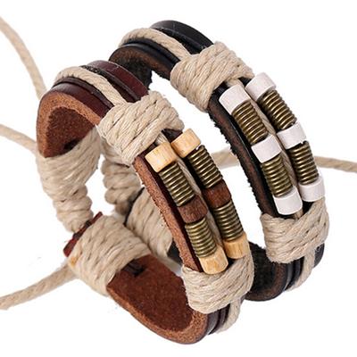 Braccialetto in pelle intrecciata con perline di legno a molla in bronzo da uomo e da donna in stile punk