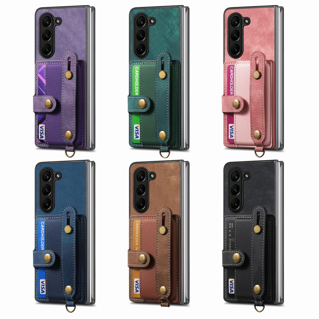 PU Leather Phone Case for Samsung Galaxy Z Fold 7 6 5 4 3 Zfold7 Zfold6 Card Storage Wallet Protective Cover with Lanyard XL003
