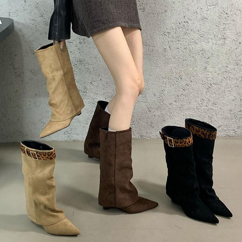 French two-wear boots women's pointed boots 2025 autumn and winter new slope heel boots but knee mid-tube pants tube boots