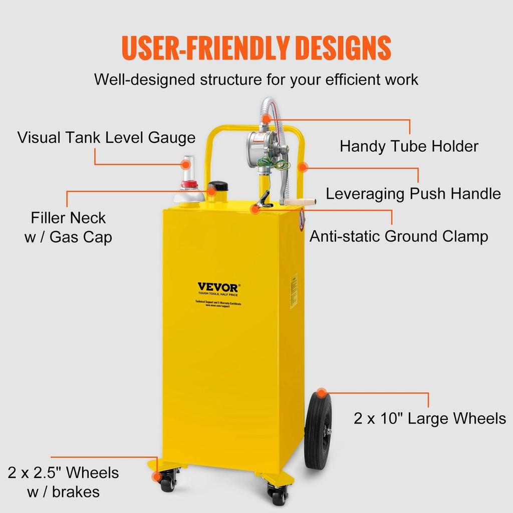 30 Gallon Fuel Caddy, Gas Storage Tank & 4 Wheels, with Manuel Transfer Pump, Gasoline Diesel Fuel Container for Cars, Lawn Mowers, ATVs, Boats, More,